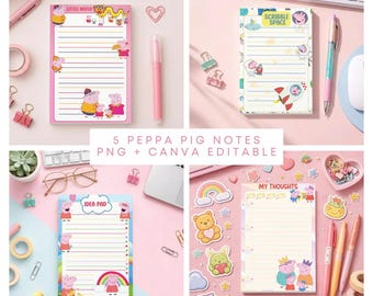 Bloco de notas infantil inspirado na Peppa Pig - Modelo para Canva | Página de anotações editável para crianças | Design de bloco de notas imprimível em PNG | Download instantâneo | Compatível com KDP