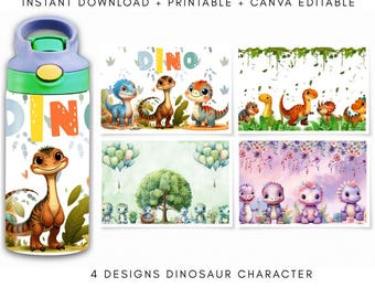 Modèle PNG d'emballage de gobelet 12 oz DINOSAURE pour enfants, impression numérique par sublimation et téléchargement sur toile modifiable