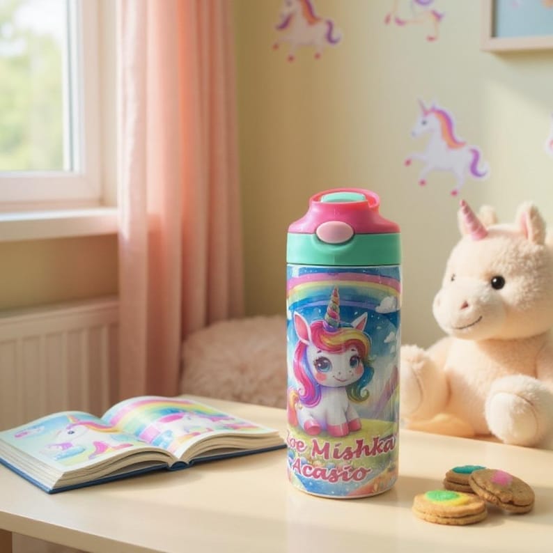 K&ouml;nnte beinhalten: Eine Wasserflasche mit rosa und t&uuml;rkis Deckel, mit einem Einhorn-Design mit Regenbogen und dem Text "Zoe Mishka Acasio". Ein Pl&uuml;sch-Einhorn-Spielzeug, ein Buch mit Einhorn-Illustrationen und Kekse sind ebenfalls sichtbar.