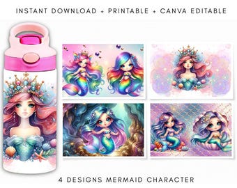 Emballage pour gobelet 12 oz PNG, petite sirène, sublimation pour enfants (téléchargement numérique)