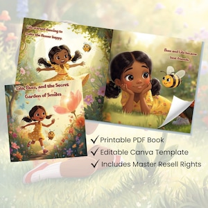 May include: A children's book titled "Lila, Buzz, and the Secret Garden of Smiles" is open to three pages. The illustrations depict a young girl with dark hair and a bee in a garden setting. Text includes "Lila started dancing to make the flower happy" and "Buzz and Lila became best friends."