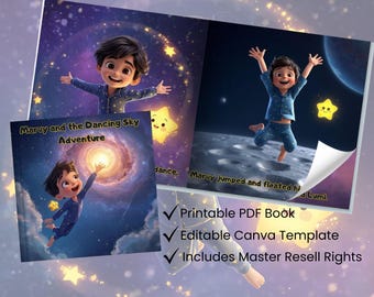Livre d'histoires spatiales pour enfants | PDF imprimable + Toile modifiable | Marvy et l'aventure du ciel dansant | Cahier d'apprentissage Planètes Étoiles Lune 3-8 ans