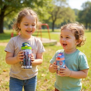 K&ouml;nnte beinhalten: Zwei l&auml;chelnde Kinder halten Wasserflaschen. Eine Flasche hat einen blau-gr&uuml;nen Deckel mit den Aufschriften "ENNISON" und "ROBLOX". Die andere Flasche hat einen blau-orangen Deckel mit der Aufschrift "TRAK". Beide Flaschen haben farbenfrohe Grafiken.