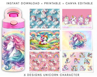 Modèle PNG d'enveloppe de gobelet 12 oz LICORNE pour enfants, impression numérique par sublimation et téléchargement modifiable