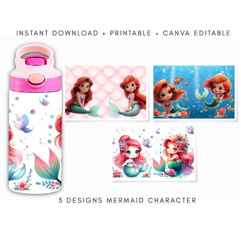 Puede incluir: Una botella de agua blanca y rosa con un dise&ntilde;o de sirena, junto con tres dise&ntilde;os de personajes de sirena. La botella tiene una tapa rosa y est&aacute; decorada con mariposas, flores e ilustraciones de colas de sirena. El texto de la imagen dice "DESCARGA INSTANT&Aacute;NEA + IMPRIMIBLE + CANVA EDITABLE" y "3 DISE&Ntilde;OS DE PERSONAJES DE SIRENA."