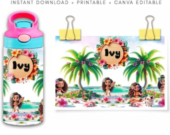 Gobelet papier peint Moana 12 oz PNG, inspiré de Disney, thème océan, polynésien, téléchargement numérique, modifiable sur Canva, sublimation, cadeau pour enfant
