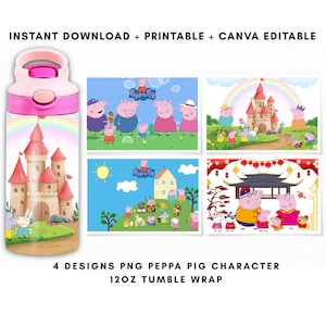 Peut inclure: Un habillage de gobelet de 355 ml présentant quatre motifs distincts de personnages Peppa Pig. Un motif montre un château avec un arc-en-ciel, un autre une scène de famille, un troisième un paysage de colline et le quatrième une scène festive.
