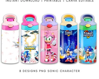 Adesivo para copo térmico Sonic de 355ml (12oz), 8 imagens PNG, modelo editável no Canva, design para sublimação (download digital)