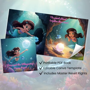 May include: A children's book titled "Mira and the Whispering Ocean Pearl" with illustrations of mermaids and underwater scenes. The book cover and inside pages are visible, showcasing colorful artwork and text. The text "The pearl shined brighter than ever!" is also visible.