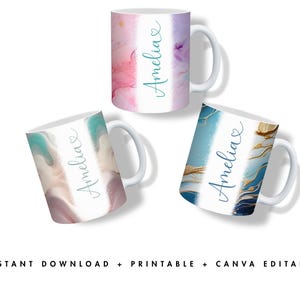 May include: Three white ceramic mugs with colorful abstract designs. Each mug features the name "Amelia" in a teal script. The mugs have different color schemes: pink and purple, teal and brown, and blue and gold.