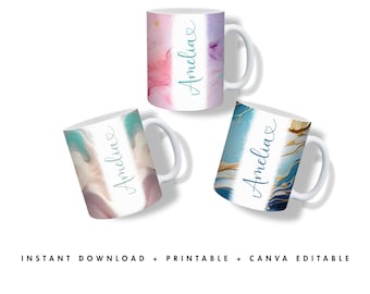 Lot de 4 emballages de mugs en marbre élégants, modèle de toile PNG pour sublimation 11 oz 15 oz, emballage de mugs de luxe en marbre, ensemble de designs de mugs en toile modifiables