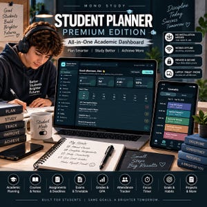 Op de afbeelding: Een digitaal studentenplanner premium editie dashboard weergegeven op een laptop- en smartphonescherm. De interface toont academische schema's, opdrachten en voortgangstrackers. Bevat een fysiek notitieboek met doelen, een mok met het label Student Mode On, en iconen voor academische planning, cursussen, opdrachten, examens, cijfers, aanwezigheid, focus-timer en gewoontes.