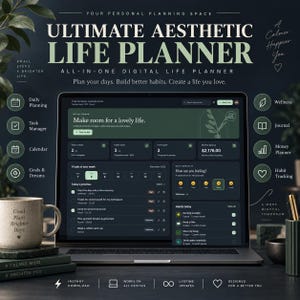 May include: A digital life planner displayed on a laptop screen, featuring a dark green interface with sections for daily planning, task management, calendar, goals, wellness, journaling, money tracking, and habit tracking with a monthly balance of $2,176.00.