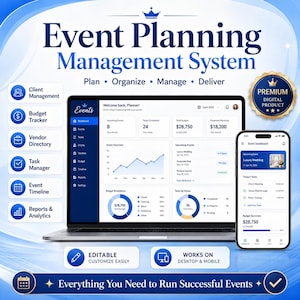 Op de afbeelding: Een digitaal Event Planning Management System op een laptop en smartphone, met een dashboard inclusief grafieken, budgettrackers en takenlijsten. Tekst: Plan, Organize, Manage, Deliver en Everything You Need to Run Successful Events.