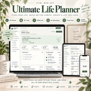 Könnte beinhalten: Ein digitaler Lebensplaner auf einem Laptop, Tablet und Smartphone. Die Benutzeroberfläche zeigt ein Dashboard mit Aufgabenlisten, Gewohnheitstrackern und einem Fokus-Timer. Der Text umfasst Ultimate Life Planner, 20 Themes und 18+ Tools.