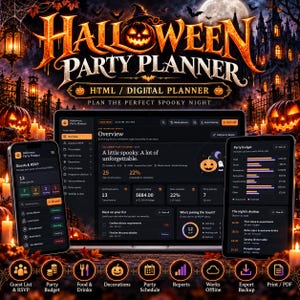 Könnte beinhalten: Ein digitaler Halloween-Partyplaner auf einem Laptop, Smartphone und Tablet. Die Benutzeroberfläche zeigt dunkle Designs mit orangefarbenen Akzenten, Gästelisten, Budgetdiagramme und Zeitpläne. Der Text lautet Halloween Party Planner.
