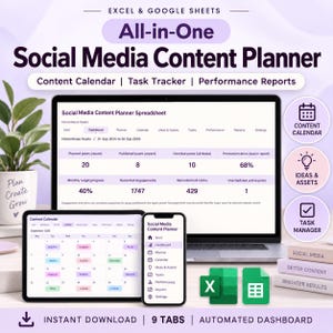 Può includere: Un pianificatore di contenuti per social media digitale per Excel e Google Sheets con un portatile, un tablet e uno smartphone che mostrano una dashboard, un calendario dei contenuti e un tracker delle attività con icone dedicate.