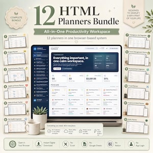 Op de afbeelding: Een digitaal 12 HTML Planners-pakket weergegeven op een computerscherm, met een alles-in-één productiviteitsdashboard met diverse organisatiemodules zoals dag-, budget-, maaltijd-, gezondheids- en reisplanners in één systeem.