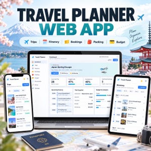 Puede incluir: Una aplicación web de planificación de viajes mostrada en un portátil, un smartphone y una tableta. La interfaz muestra paneles para viajes, itinerarios, reservas, equipaje y presupuestos. Las pantallas incluyen texto como Travel Planner, Japan Spring Escape y Plan Organize Explore.