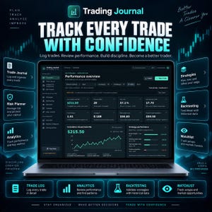Puede incluir: Un ordenador portátil que muestra un panel de control de Trading Journal con métricas de rendimiento, gráficos y tablas de datos. La pantalla incluye el texto "TRACK EVERY TRADE WITH CONFIDENCE" junto a varios iconos de análisis.