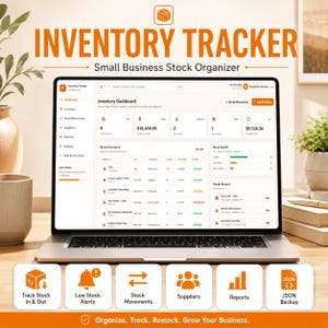 Puede incluir: Un portátil que muestra un panel de control de inventario con columnas para producto, SKU, categoría, stock y estado. La pantalla presenta datos financieros, gráficos de salud de stock y una lista de reabastecimiento. Iconos incluidos.