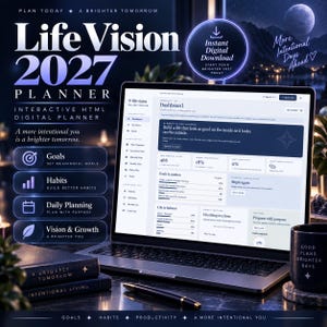 Könnte beinhalten: Eine digitale Produktanzeige für den Life Vision 2027 Planner mit einem Laptop-Bildschirm, der ein Dashboard-Interface mit Zielen, Gewohnheiten und Planungsbereichen zeigt. Das Bild enthält Textüberlagerungen, einen schwarzen Stift und eine Tasse.