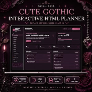 Puede incluir: Un planificador HTML interactivo digital en la pantalla de una computadora portátil, titulado 2026-2027 CUTE GOTHIC INTERACTIVE HTML PLANNER. La interfaz presenta un tema oscuro con detalles en rosa, un panel de control y listas de tareas.