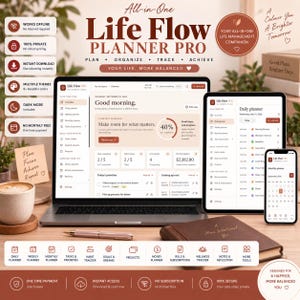 Może przedstawiać: Cyfrowy planer Life Flow Planner Pro wyświetlany na ekranie laptopa, tabletu i smartfona. Interfejs pokazuje planer dzienny, listy zadań i śledzenie celów. Układ zawiera nagłówki tekstowe, takie jak Plan, Organize, Track, Achieve oraz Your Life, More Balanced, z ikonami funkcji, takimi jak dostęp offline, prywatność i natychmiastowe pobieranie.