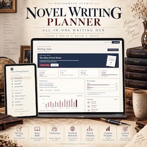 Puede incluir: Un planificador digital de escritura de novelas mostrado en una pantalla de portátil y tableta, con un panel de control que incluye secciones para el escritorio de escritura, progreso de la historia y seguimiento de personajes.