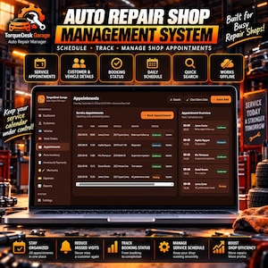 May include: A laptop displaying the TorqueDesk Garage auto repair shop management system interface. The screen shows an appointment dashboard with columns for date, time, customer, vehicle, service, and status, alongside a sidebar menu.