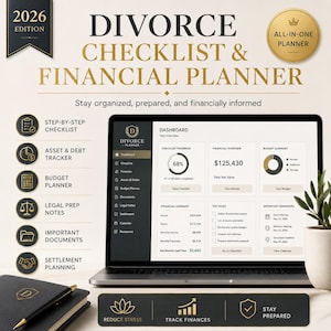 May include: A 2026 edition digital divorce checklist and financial planner displayed on a laptop screen. The interface shows a dashboard with a progress circle, financial overview, budget summary, and task lists. Includes a black notebook and pen.