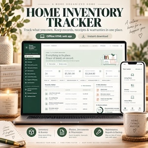 May include: A digital home inventory tracker displayed on a laptop screen and a smartphone. The interface features a dashboard with inventory records, financial totals, and room categories. Text includes Home Inventory Tracker and A More Organized Home.