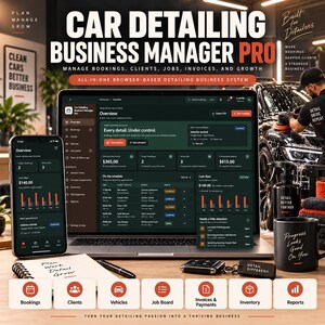 Car Detailing Business Manager Pro | Offline HTML CRM, Booking, Client Job Tracker, Invoice Dashboard & Auto Detailing Digital App