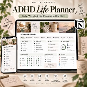 Notion Template ADHD Planner Notion Dashboard ADHD Digital Planner Adult ADHD Notion Templates Focus Planner Productivity Self Care Planner