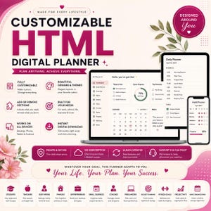 May include: A digital HTML planner displayed on a laptop, tablet, and smartphone screen. The interface features a dashboard, daily schedule, and habit tracker in a pink and white colour scheme. Text includes Customizable HTML Digital Planner.