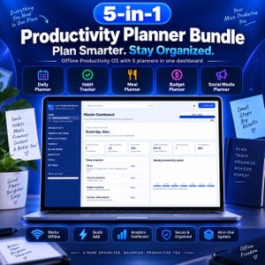 5-in-1 Productivity Planner Bundle | HTML Daily Planner, Habit Tracker, Budget Planner, Meal Planner & Social Media Organizer Pro