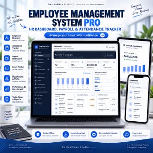 May include: A digital employee management system dashboard displayed on a laptop, tablet, and smartphone. The interface features HR tools, payroll tracking, and attendance metrics. Text includes Employee Management System Pro, NotionMuse Studio, and various business-related labels.