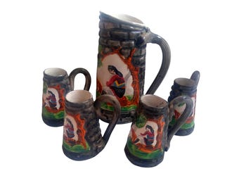 Juego de cuatro jarras, cerámica sarda, vintage, hechas a mano, Italia, cerámica de recuerdo, sarda