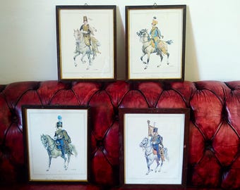Vintage Imperial Cavalry Officers Prints (18th-19th Century) with Original Frames, Set of 4 Vintage Prints Collection, Russian Empire
