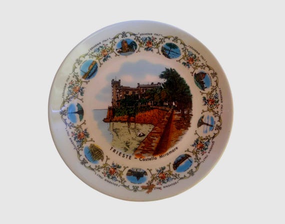 Vintage Porzellan Teller Souvenir Italien TRIESTE Miramare Schloss, Italienischer Vintage Deko Teller, Handgemachter Italien Kunst Porzellan Teller