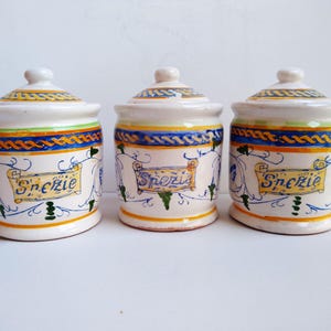 Set of three Majolica Spice Jars Ceramic Faenza Vintage Design Handpainted, Handpainted Vase Ceramic, Majolica Ceramic Vintage Faenza