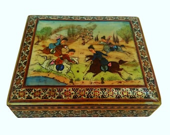 Antique Persian Khatam Mosaic Inlaid Jewelry Box, Persian Khatam Box, Artistic Handmade Vintage Wooden Box, Carved Wooden Box