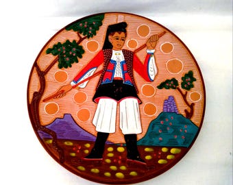 Decorative Vintage Terracotta Plate Handmade SARDINIA Italy, Artistic Plate Sardinian Costume Art, Vintage Sardinian Ceramic Plate