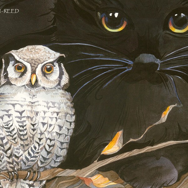 Little Snow Owl and Black cat companions signed giclee Helena Nelson Reed