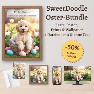 Grote Paas Doodle Bundel – Digitale Wenskaart, Poster, Vierkant & Behang met Golden Doodle | met en zonder tekst | 16 bestanden om te downloaden