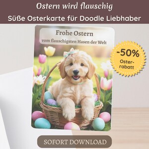 Digitale Paaskaart Golden Doodle – Afdrukbare wenskaart A6 met & zonder tekst | PDF en PNG | Hondenmotief | Cadeau voor hondenliefhebbers