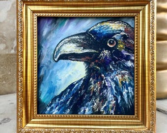 Pintura a óleo de corvo emoldurada, pássaro, arte de parede original, corvo, pequena arte, decoração de parede gótica, pintura a óleo original