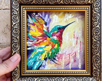 Colibri, peinture à l'huile dans cadre oiseau, art mural original, oeuvre d'art animalier, petit colibri, empâtement, oiseau, peinture, décoration d'intérieur