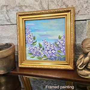 Pintura de lilas de primavera, flor de lila, arte mural de lilas moradas, minipintura acrílica, pintura de flores moradas, pintura vintage de lilas