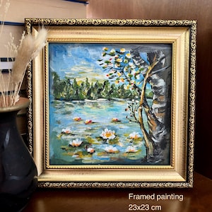 Paisaje de nenúfares, flores de nenúfares, arte original, regalo para el hogar, paisaje acrílico, pintura acrílica enmarcada, decoración del hogar enmarcada